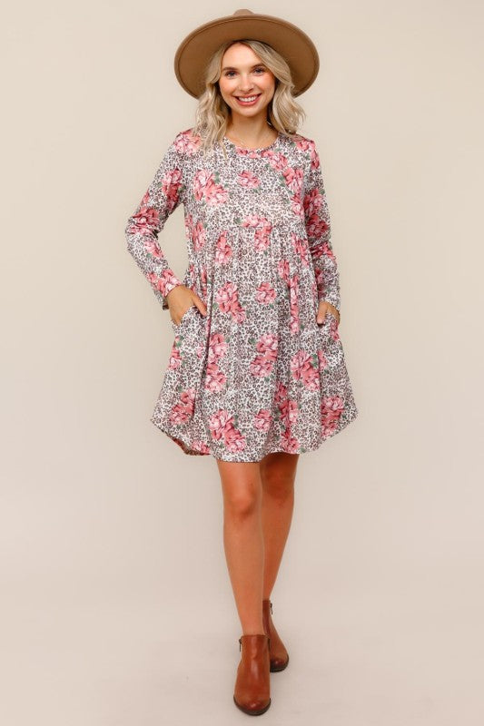 Haptics Leopard and Floral Fit & Flare Babydoll Tunic Dress