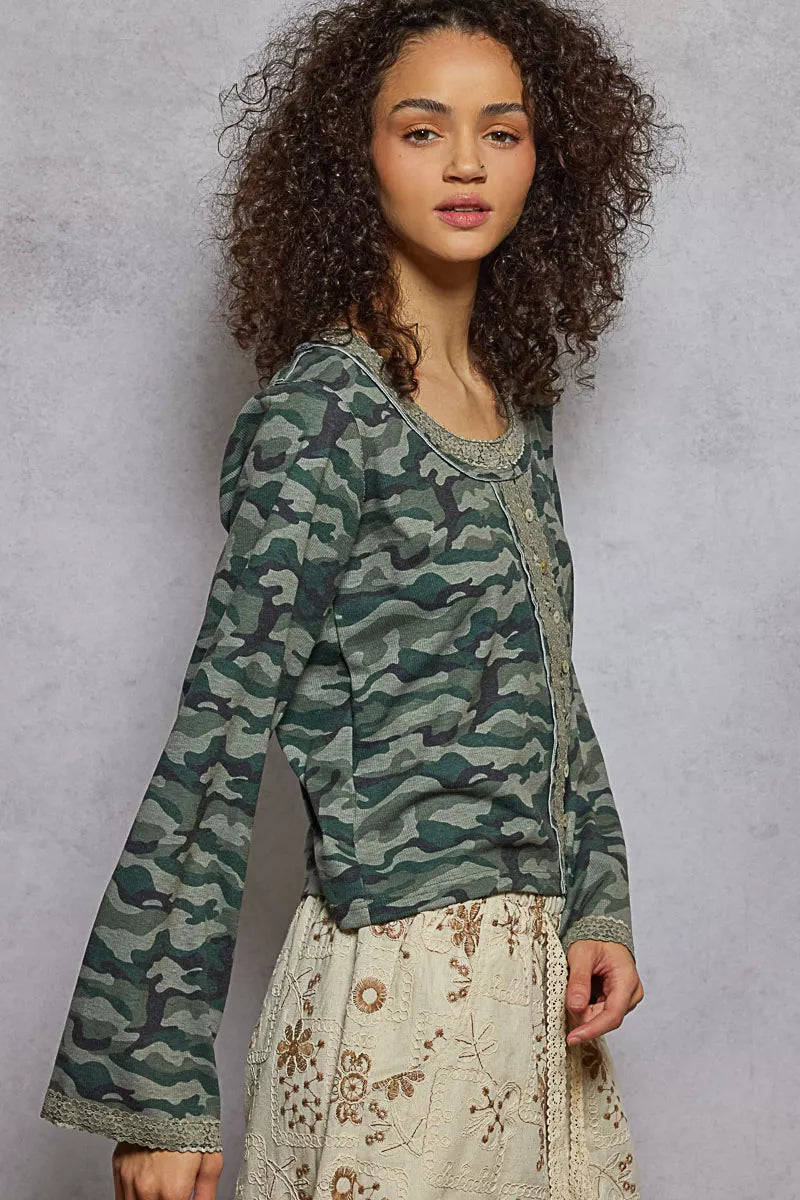 POL Olive & Camouflage Print Long Sleeve Top