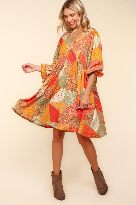 Haptics Fall Waffle Textured Patchwork Babydoll Dress