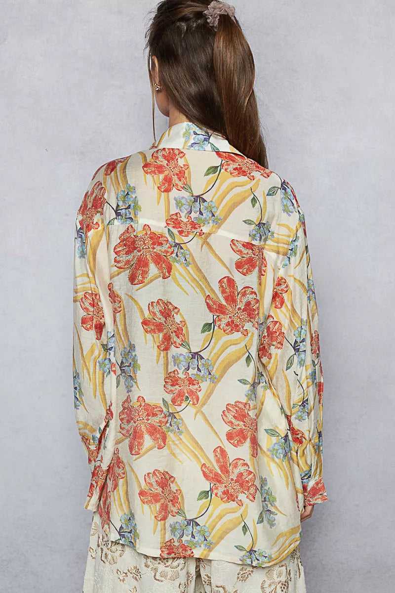 POL Floral Print Button Down Long Sleeve Shirt