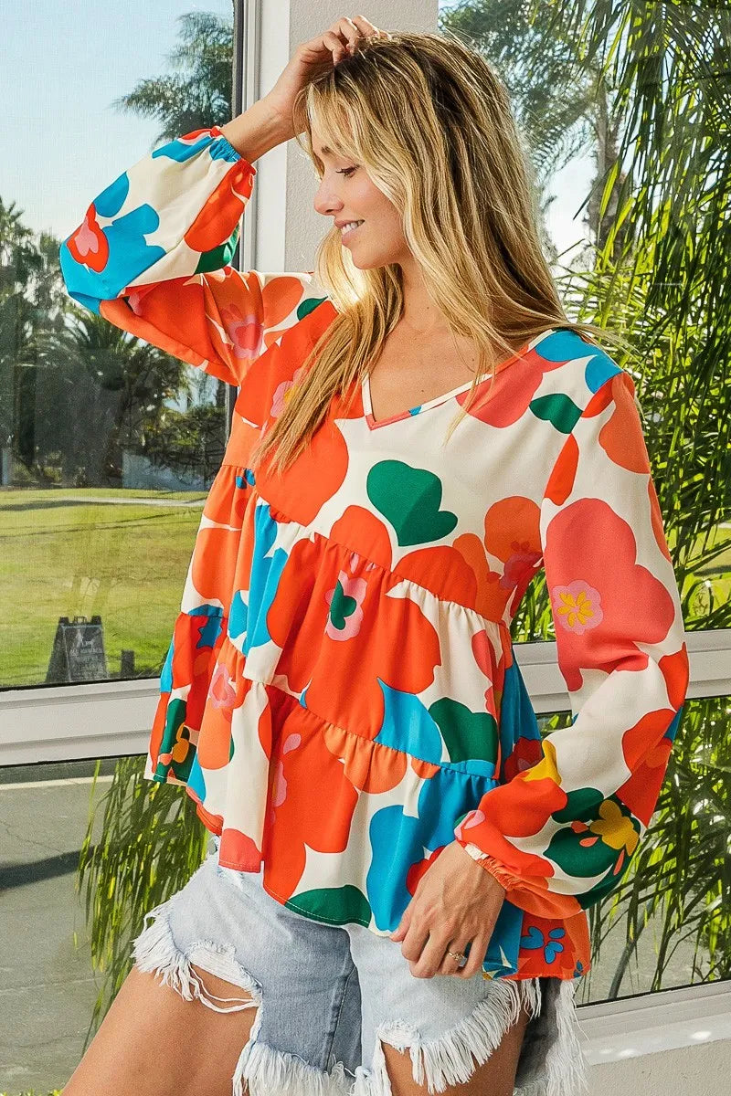 BiBi Floral Woven Tiered V Neck Top FLORAL