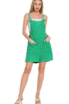 Zenana Kelly Green Woven Double Gauze Acid Washed Romper