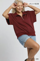 Umgee Mahogany Half-Zip Short Sleeve Top
