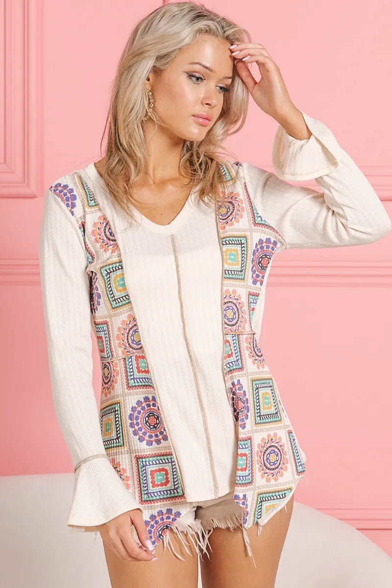 BiBi Cream Granny Square Print Contrast Annie Rib V Neck Top