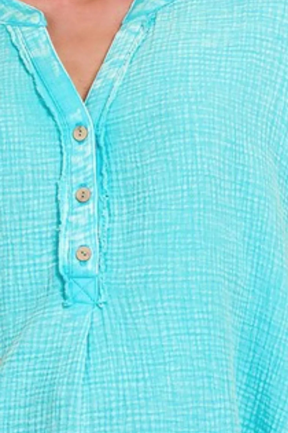 Zenana Mint Sky Washed Double Gauze 3/4 Button Henley Neck Shirt