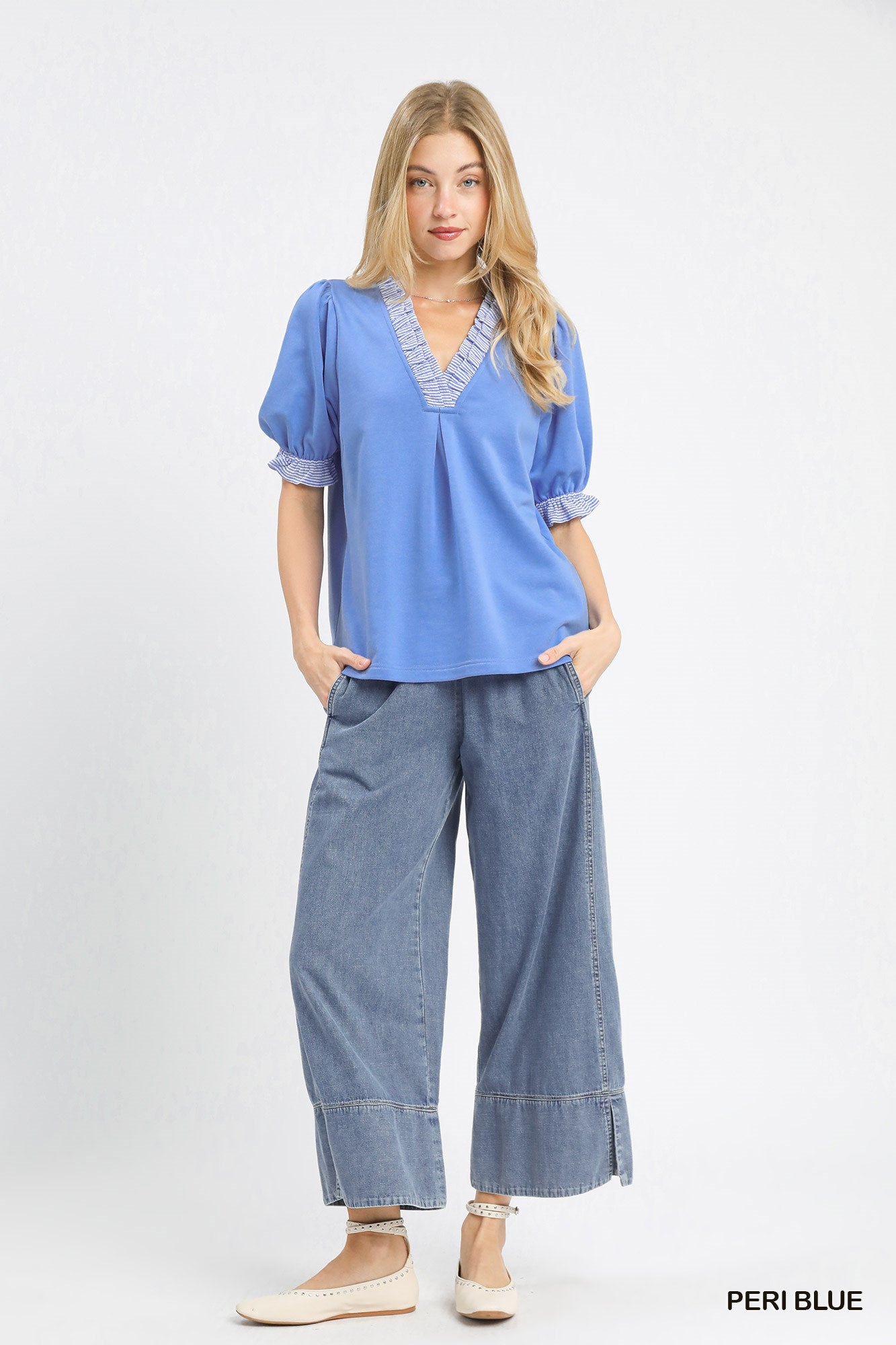 Umgee Peri Blue French Terry Ruffle Trim Puff Sleeve Top