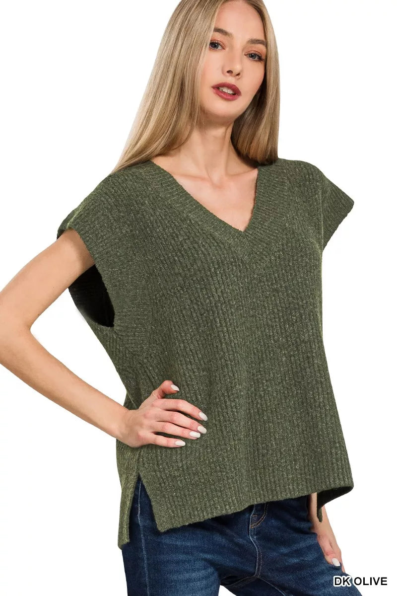 Zenana Dark Olive Ribbed Slit V-Neck Sweater Vest