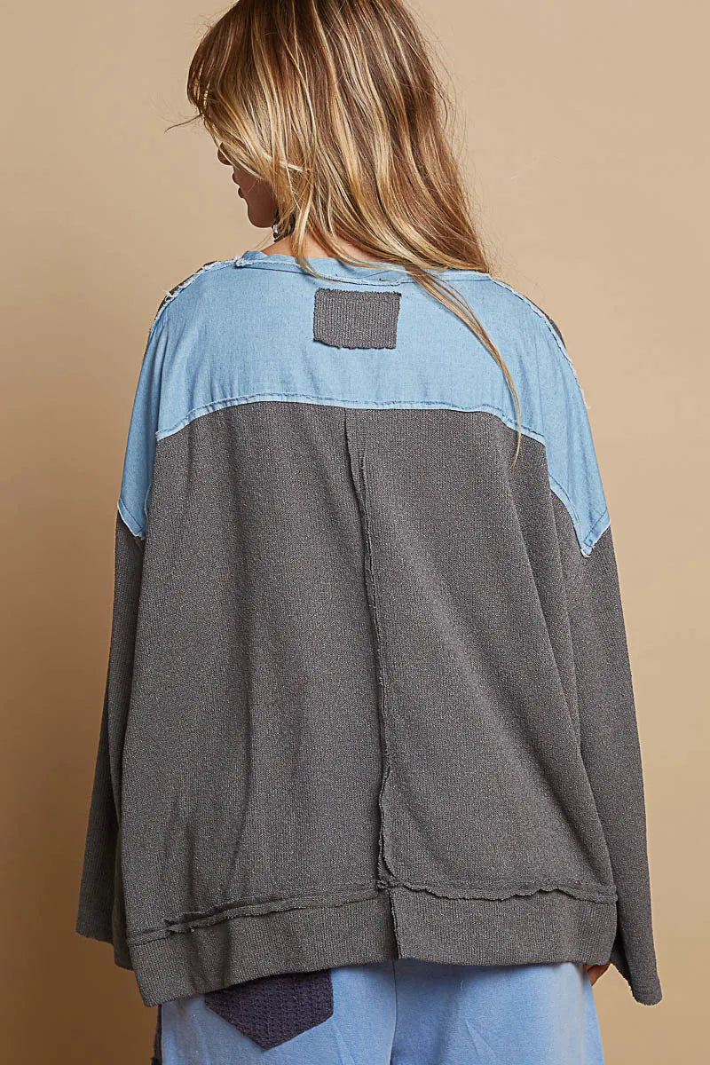 POL Charcoal Exposed Seam Relaxed Fit Sweater with Star Denim Patches