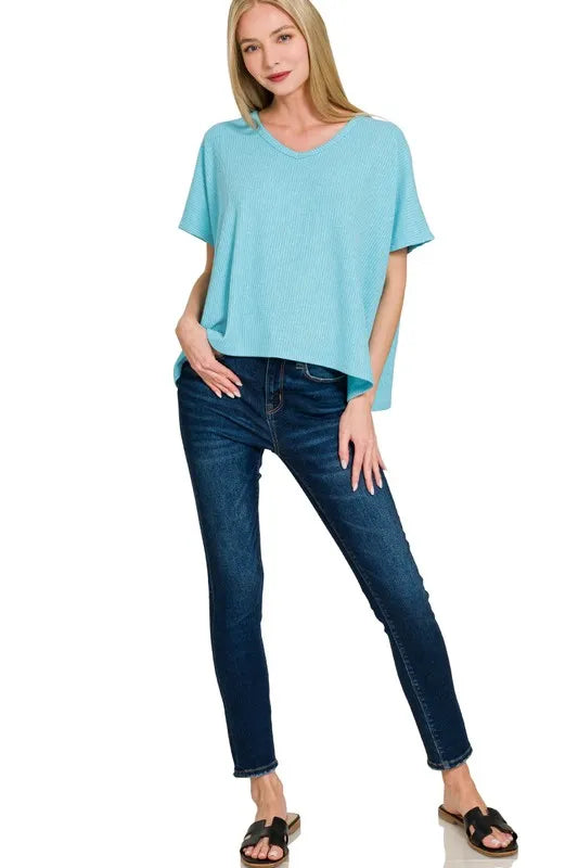 Zenana Sky Blue Ribbed V-Neck Short-Sleeve Knit Top