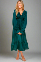 Haptics Elegant Hunter Green Elastic V Neck Tiered Satin Maxi Dress