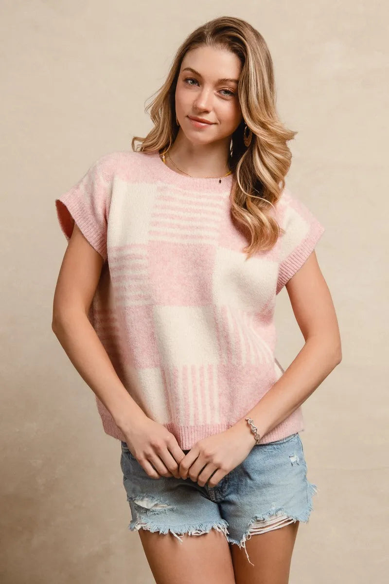 BiBi Blush & Ivory Checker With Stripes Pattern Sleeveless Sweater