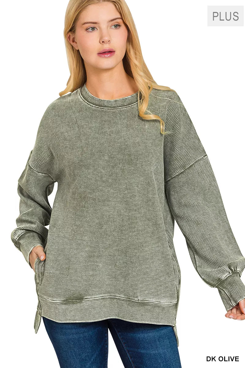 Zenana Dark Olive Acid Washed Double Ribbed Hi-low Sweatshirt
