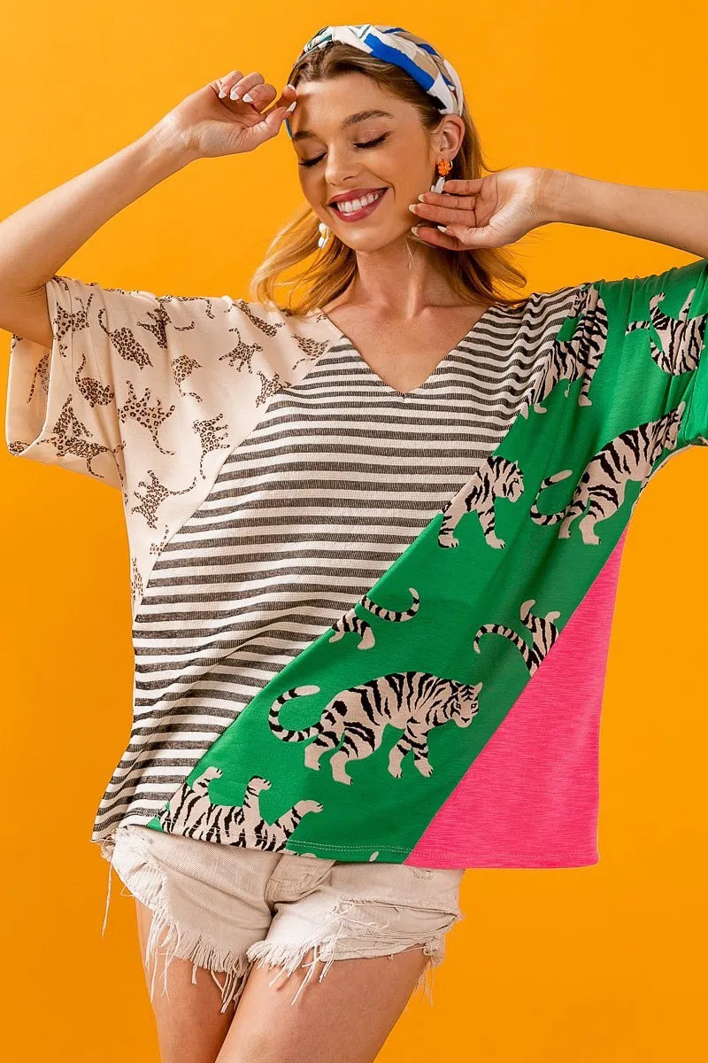 BiBi Tiger W Stripe Contrast Color Block V Neck Top