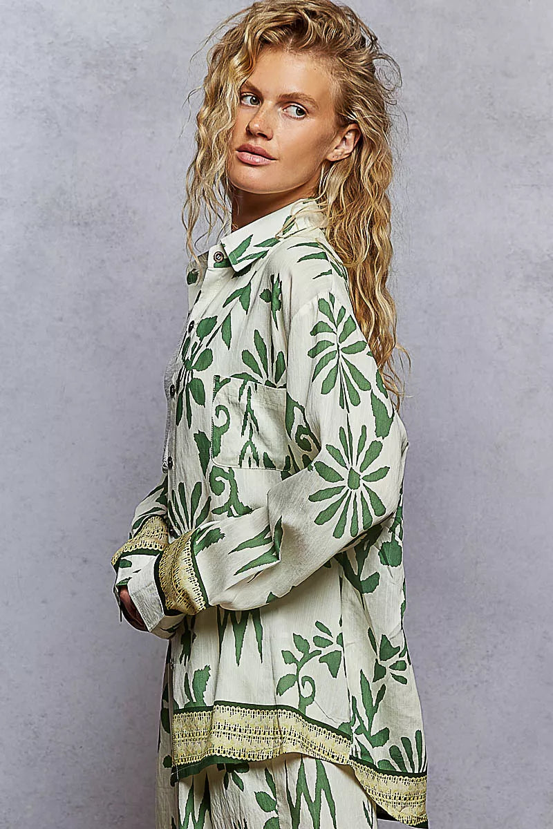 POL Button Down Floral Long Sleeve Shirt – Ivory/Green Floral
