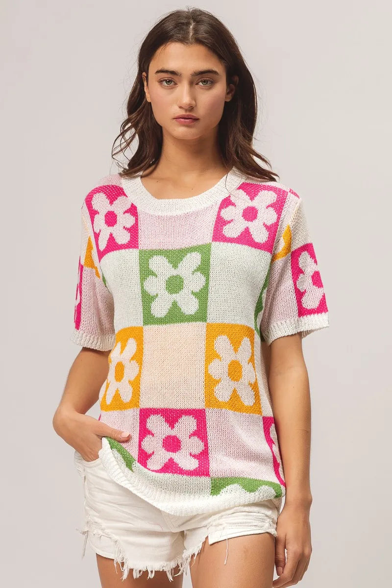 BiBi Multi Color Flower Checker Pattern Lightweight Sweater Top