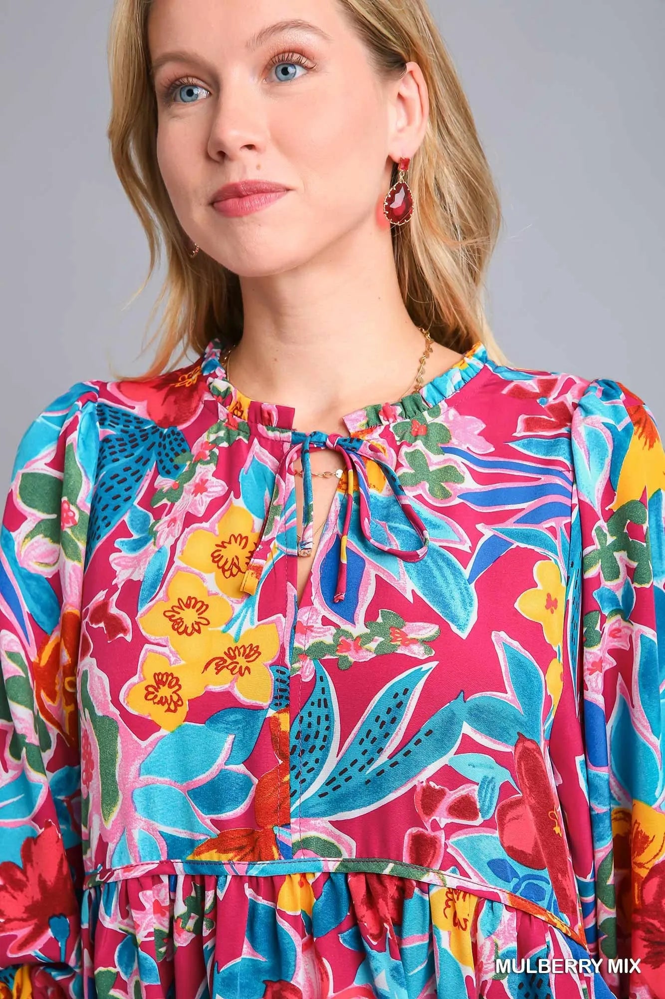 Umgee Mulberry Mix Floral Print Tie Neck Midi Dress with Pockets