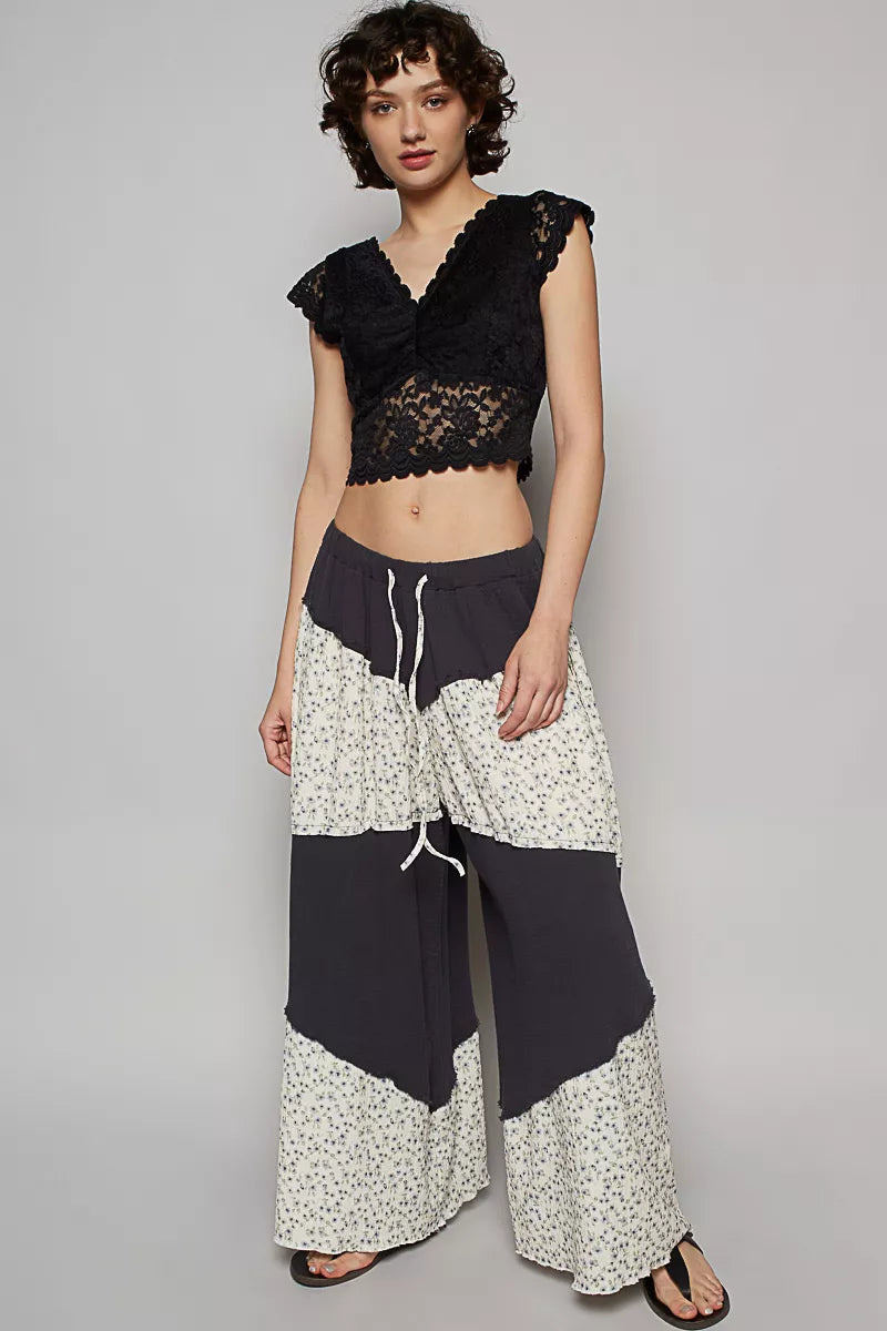 POL Contrast Floral Drawstring Wide Leg Pants