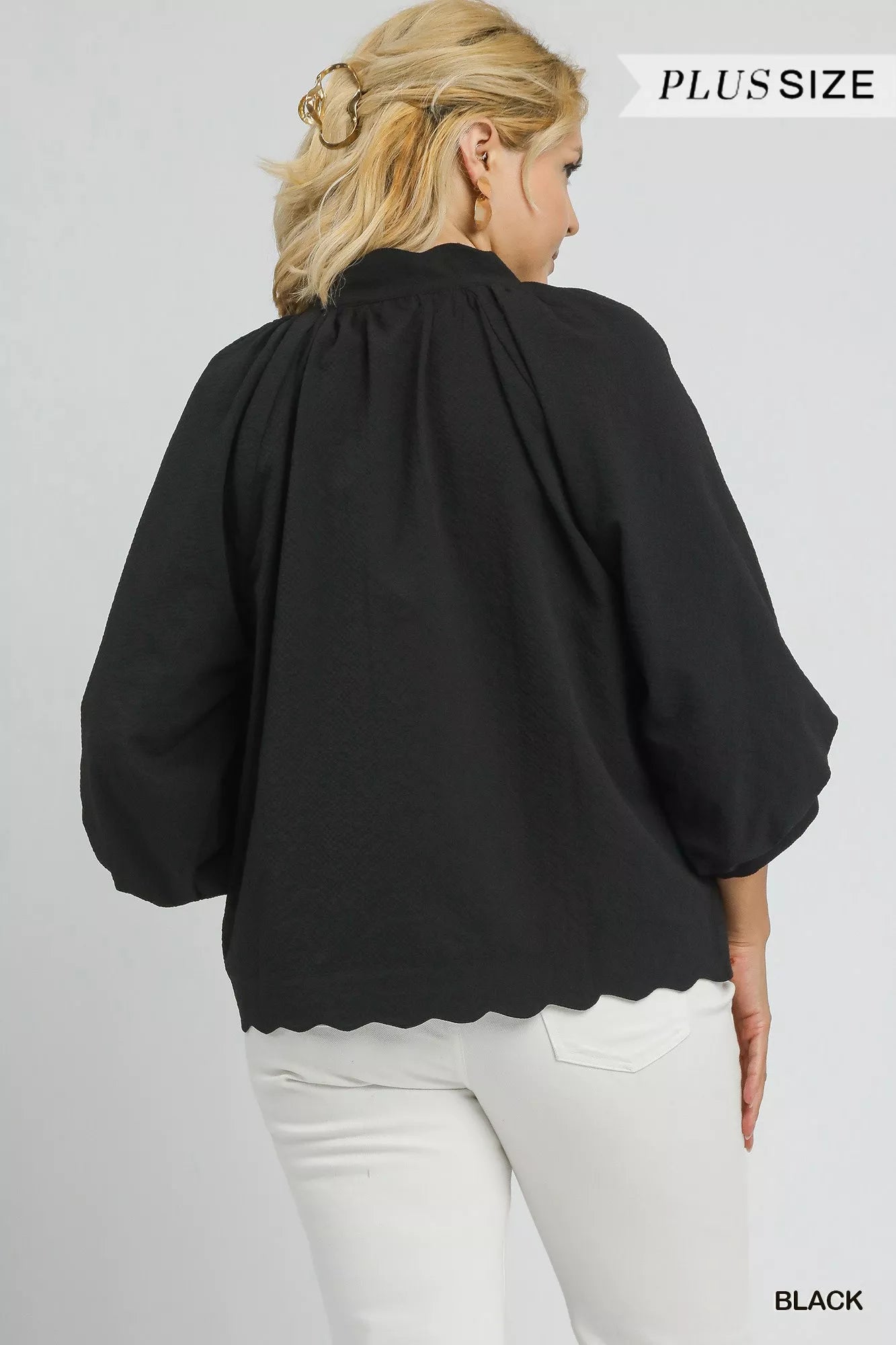 Umgee Black Textured Notched Scallop Hem Balloon Sleeve Blouse