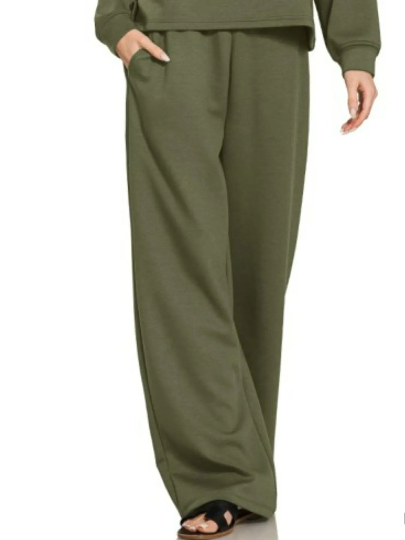 Zenana Dark Olive Scuba Crewneck Pullover and Pants Set