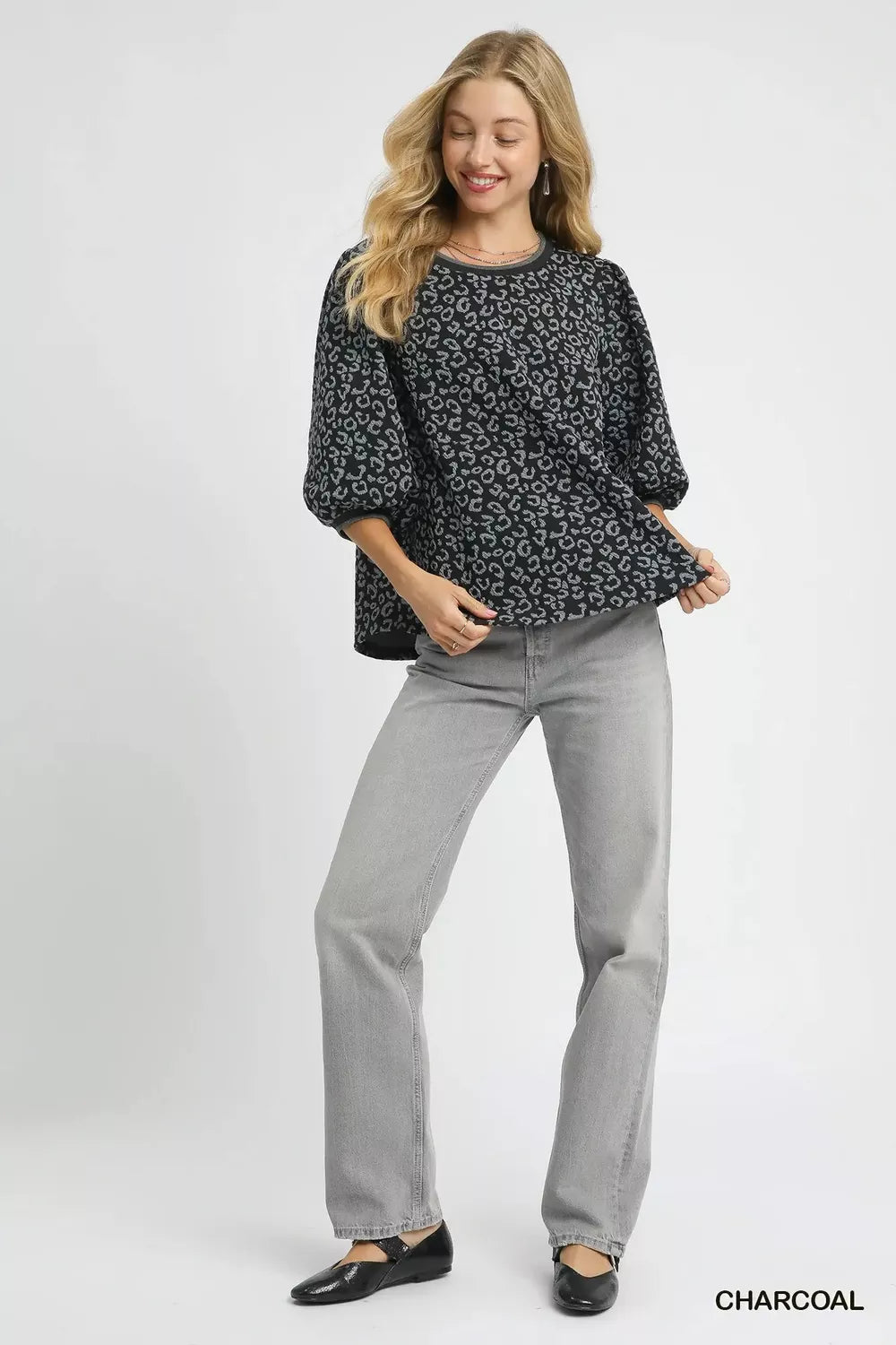 Umgee Charcoal Leopard Print Jacquard Blouse with Puff Sleeves