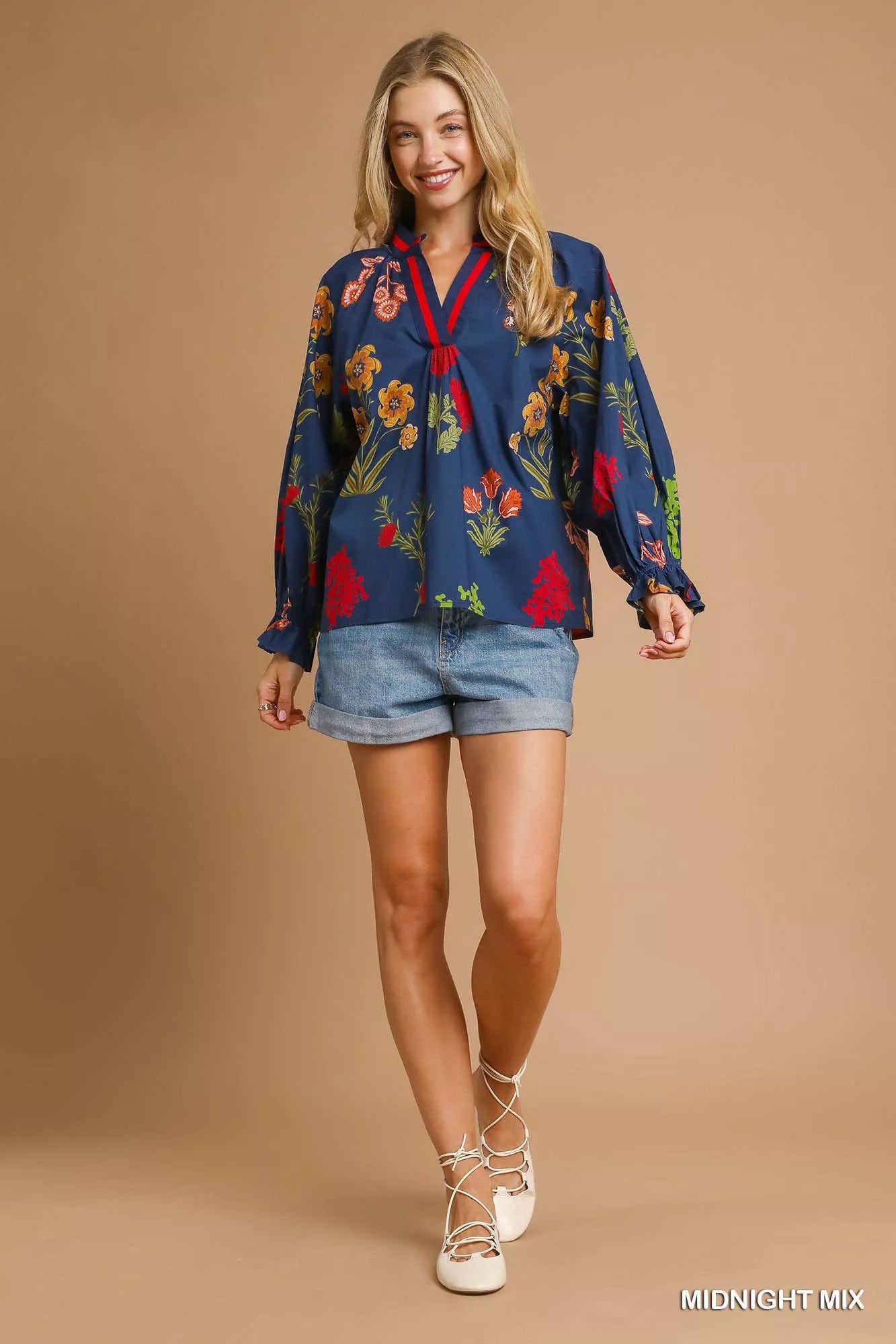Umgee Midnight Mix Floral Print Flounce Sleeve Blouse