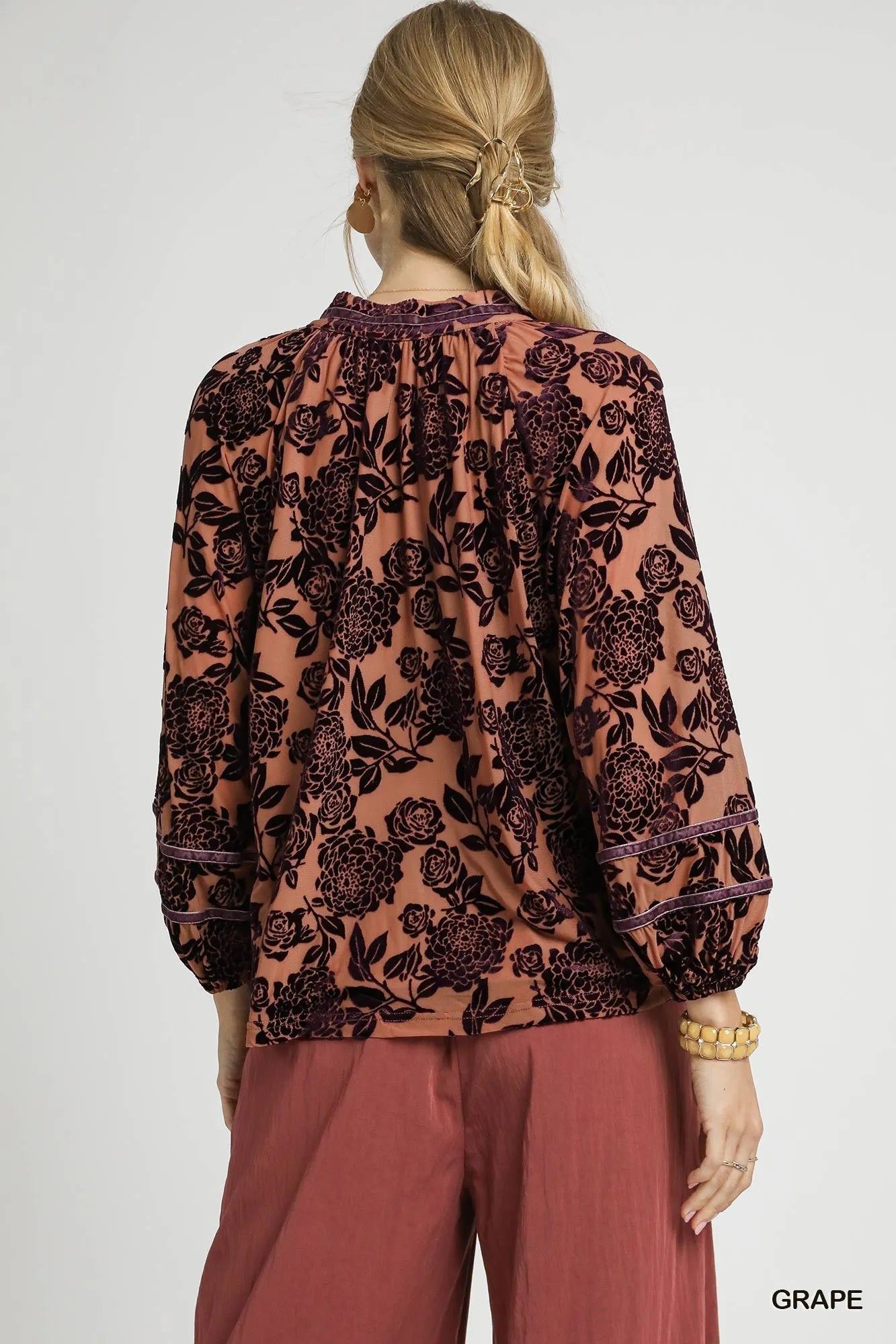 Umgee Grape Floral Velvet Burnout Blouse with Balloon Sleeves