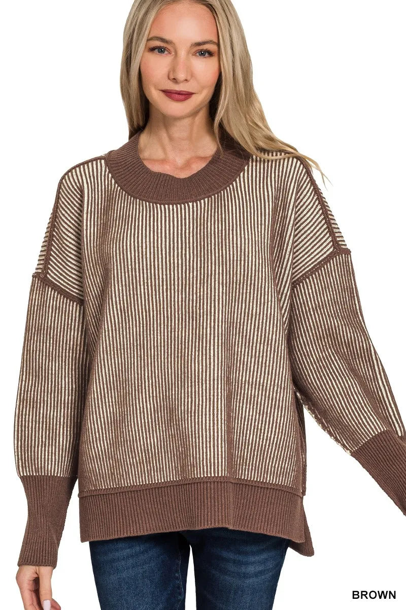Zenana Brown Exposed Seam Two Tone Ribbed Sweater BROWN