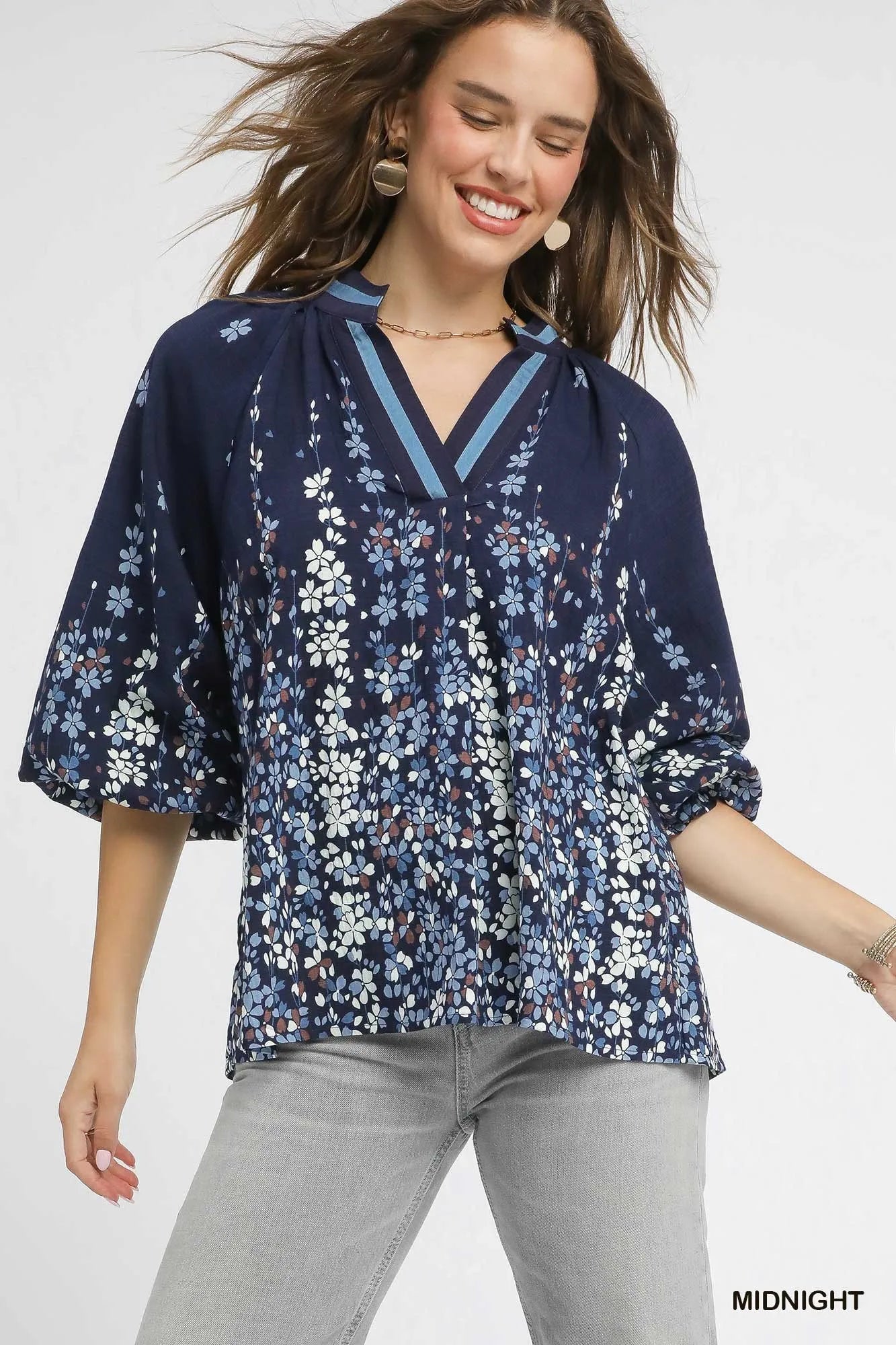 Umgee Midnight Floral Vine Print Blouse with Balloon Sleeves MIDNIGHT