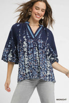 Umgee Midnight Floral Vine Print Blouse with Balloon Sleeves MIDNIGHT