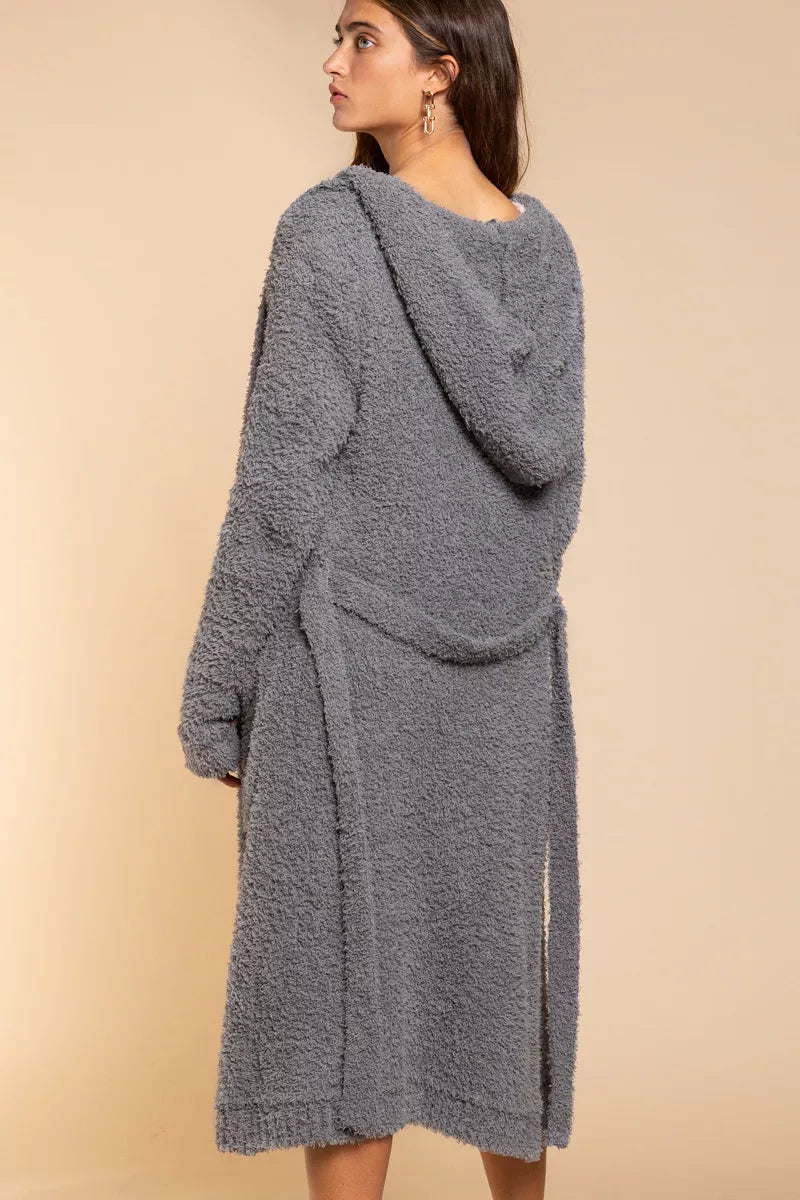POL Grey Berber Fleece Tie Front Tunic Hooded Cardigan with Pockets