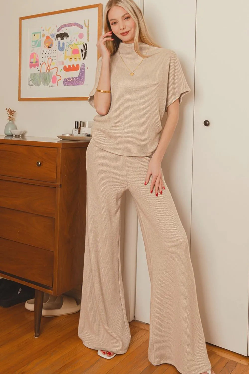 Zenana Light Mocha Sweater Mock Neck Top & Long Pants Set LT MOCHA