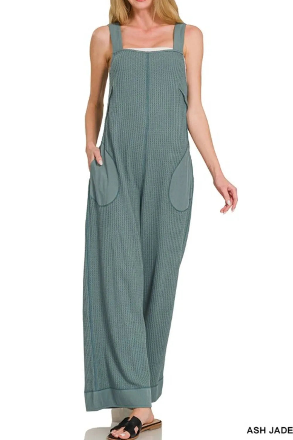 Zenana Ash Jade Knit Waffle Wide Leg Overalls