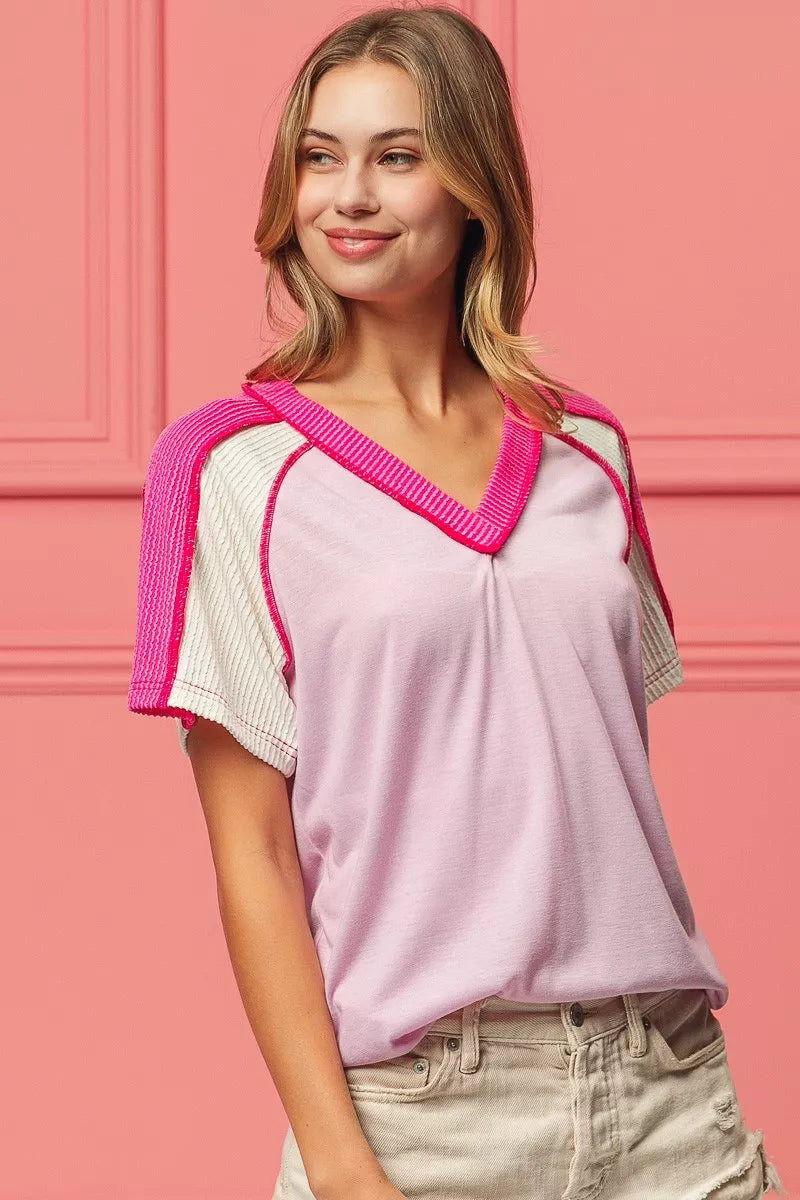 BiBi Pink & Fuchsia Cord Rib Combo V Neck Jersey Knit Top PINK FUCHSIA