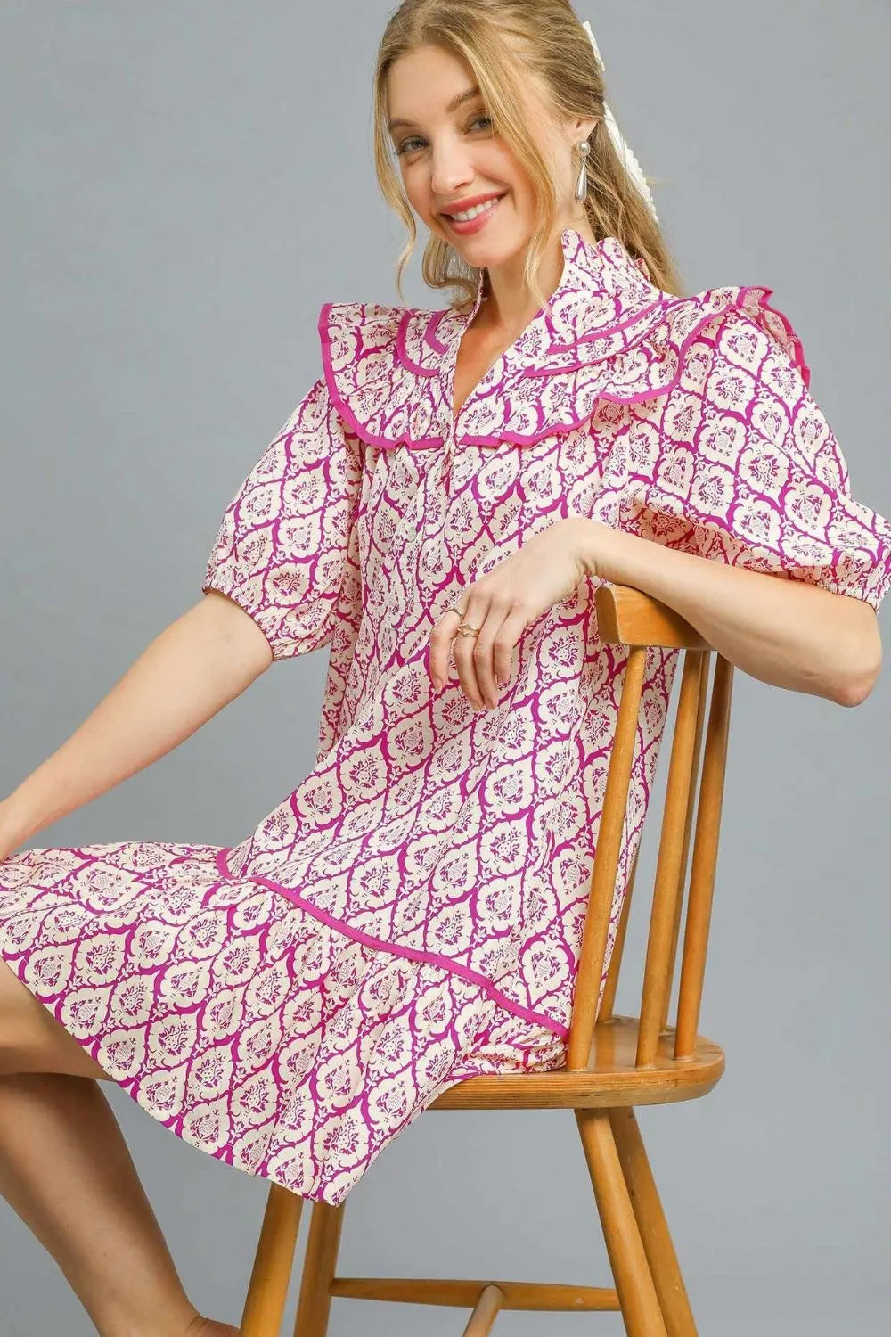 Umgee Hot Pink Abstract Printed Ruffle Trim Puff Sleeve Mini Dress