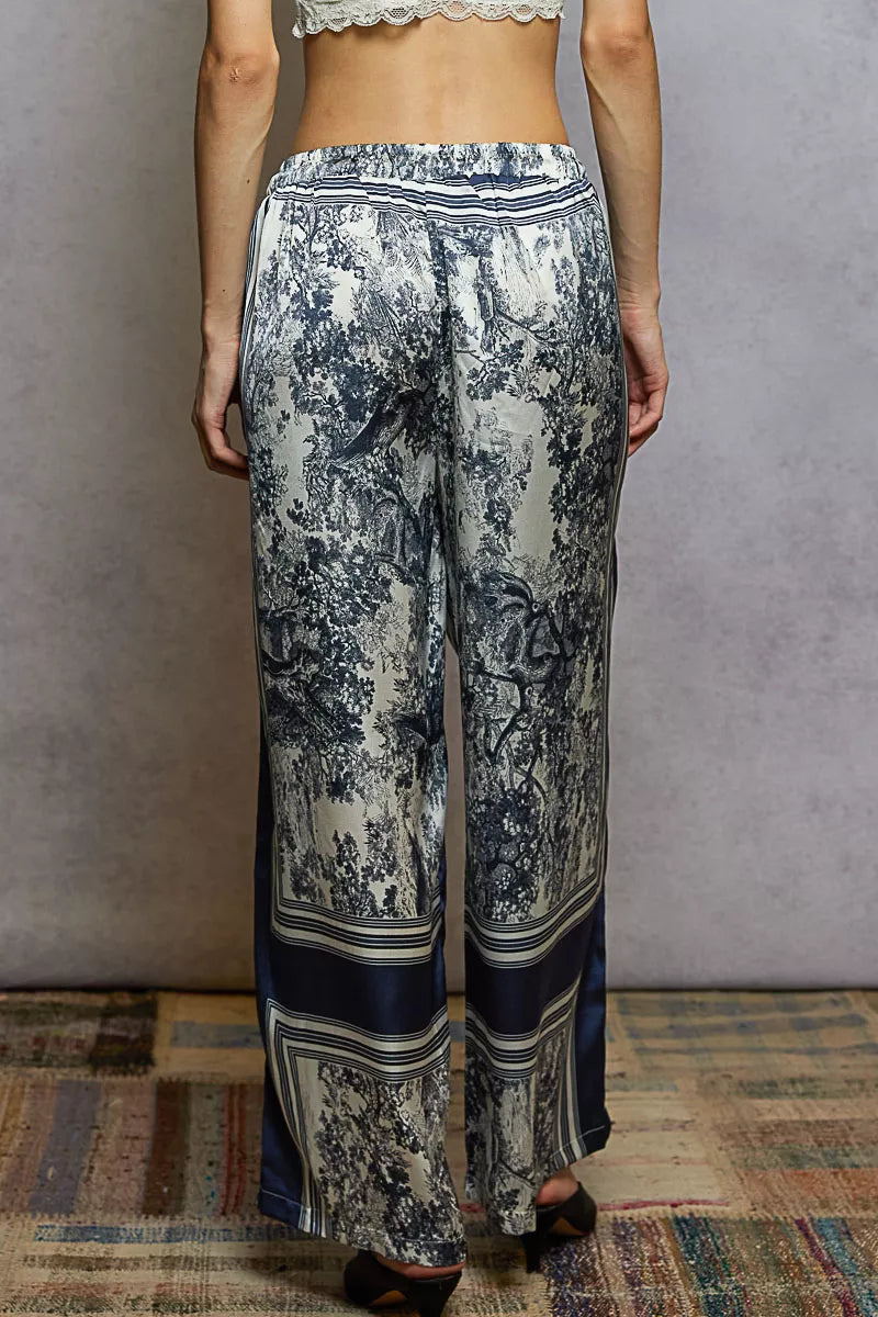 POL Ivory & Navy Floral Printed Woven Wide Leg Drawstring Pants
