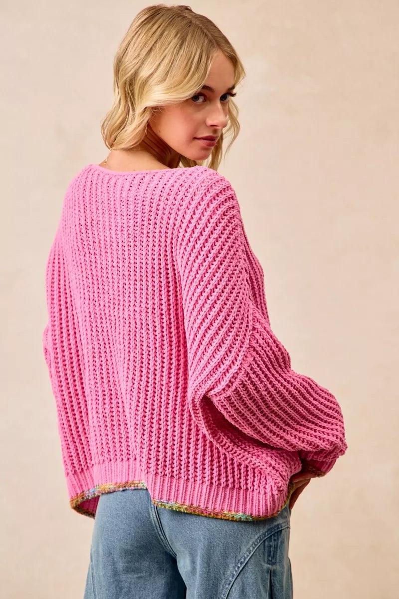 BiB Pink V-Neck Sweater with Colorful Trim