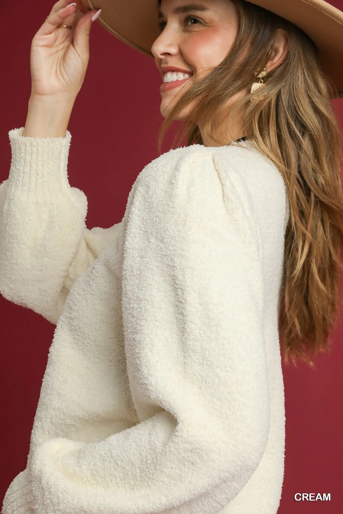 Umgee Cream Cozy Textured Sweater with Balloon Sleeves