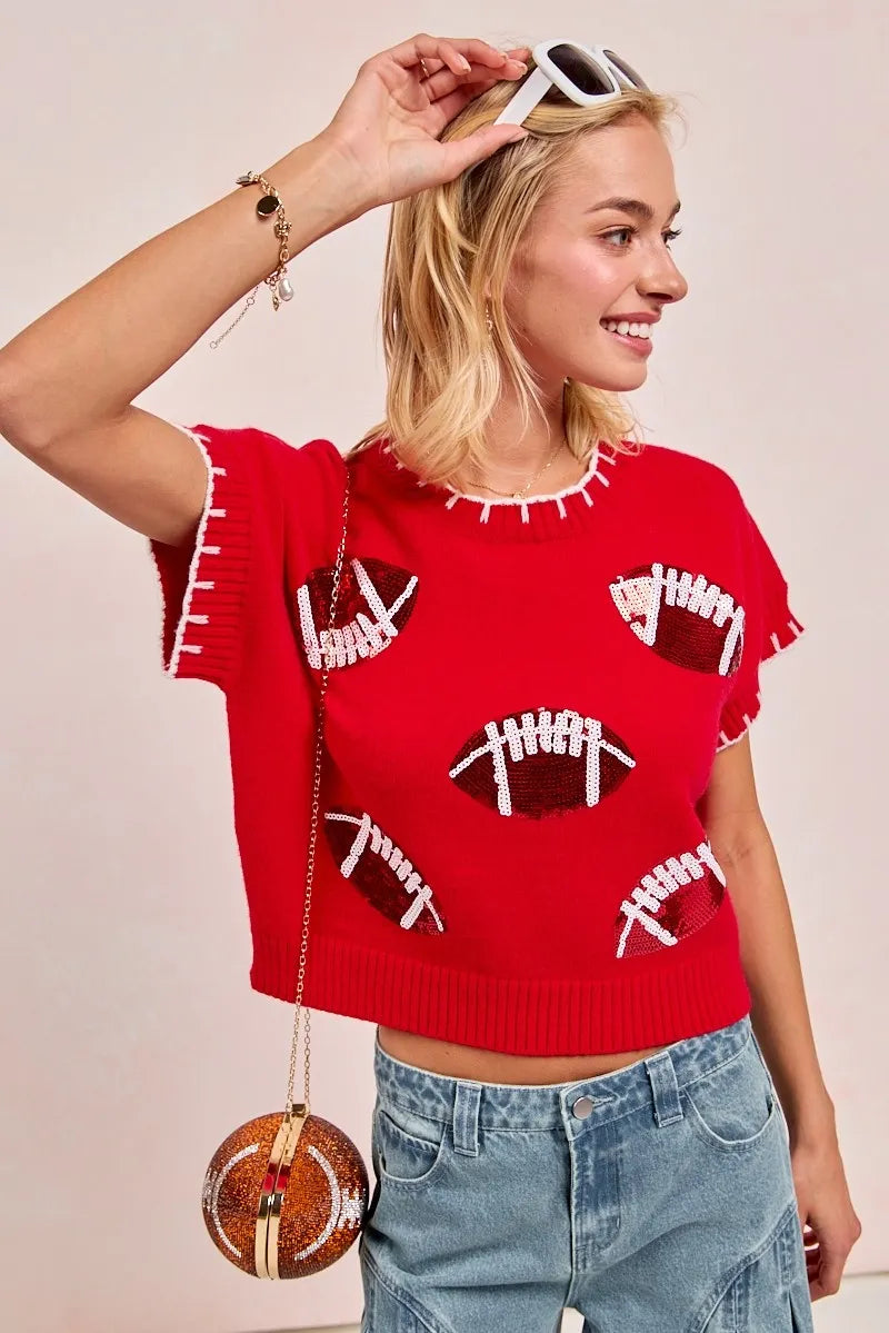 BiBi Red Game Day Sequin Football Embroidered Stitch Sweater