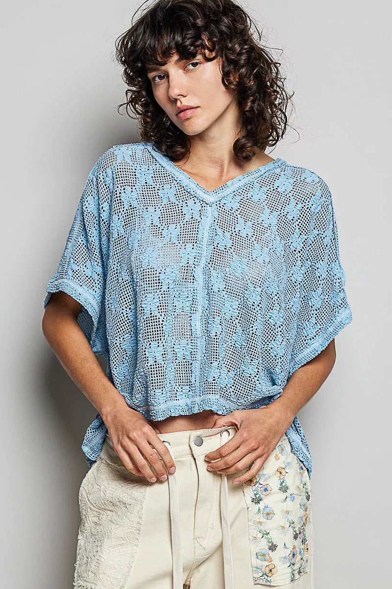 POL Cornflower Blue Crochet Lace Short Sleeve Top