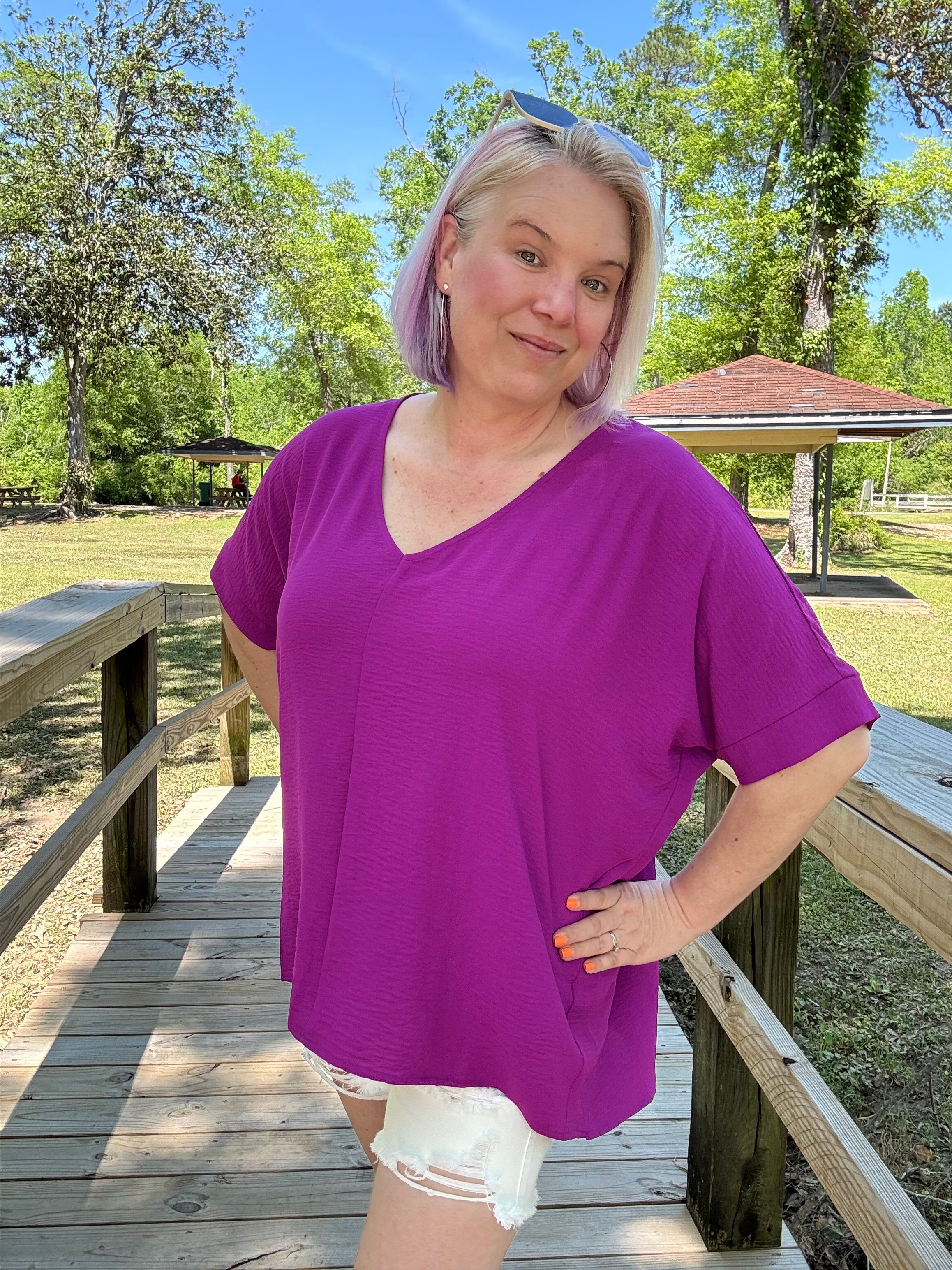 Zenana Plum Woven V Neck Dolman Short Sleeve Airflow Top Shirts & Tops