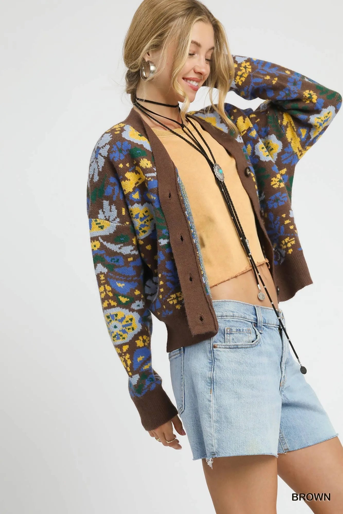 Umgee Brown Floral Knit Button-Up Cardigan