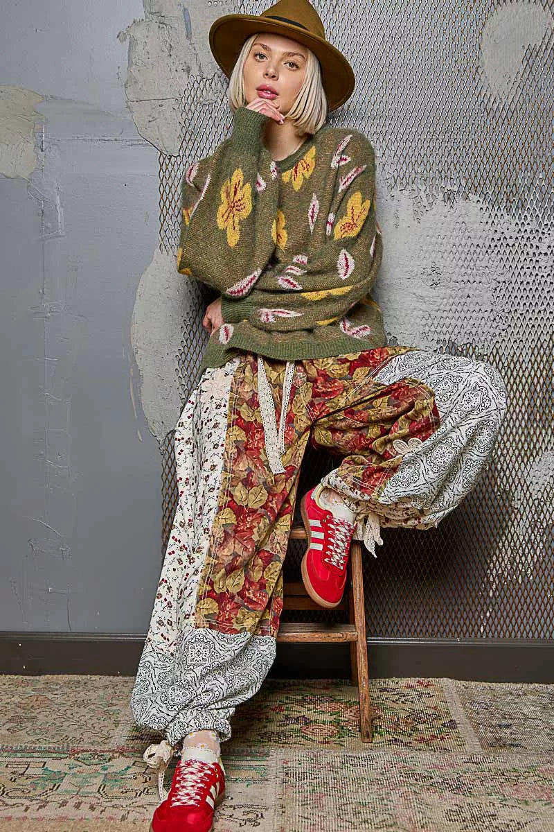 POL Olive Floral Pattern Round Neck Balloon Sleeve Sweater