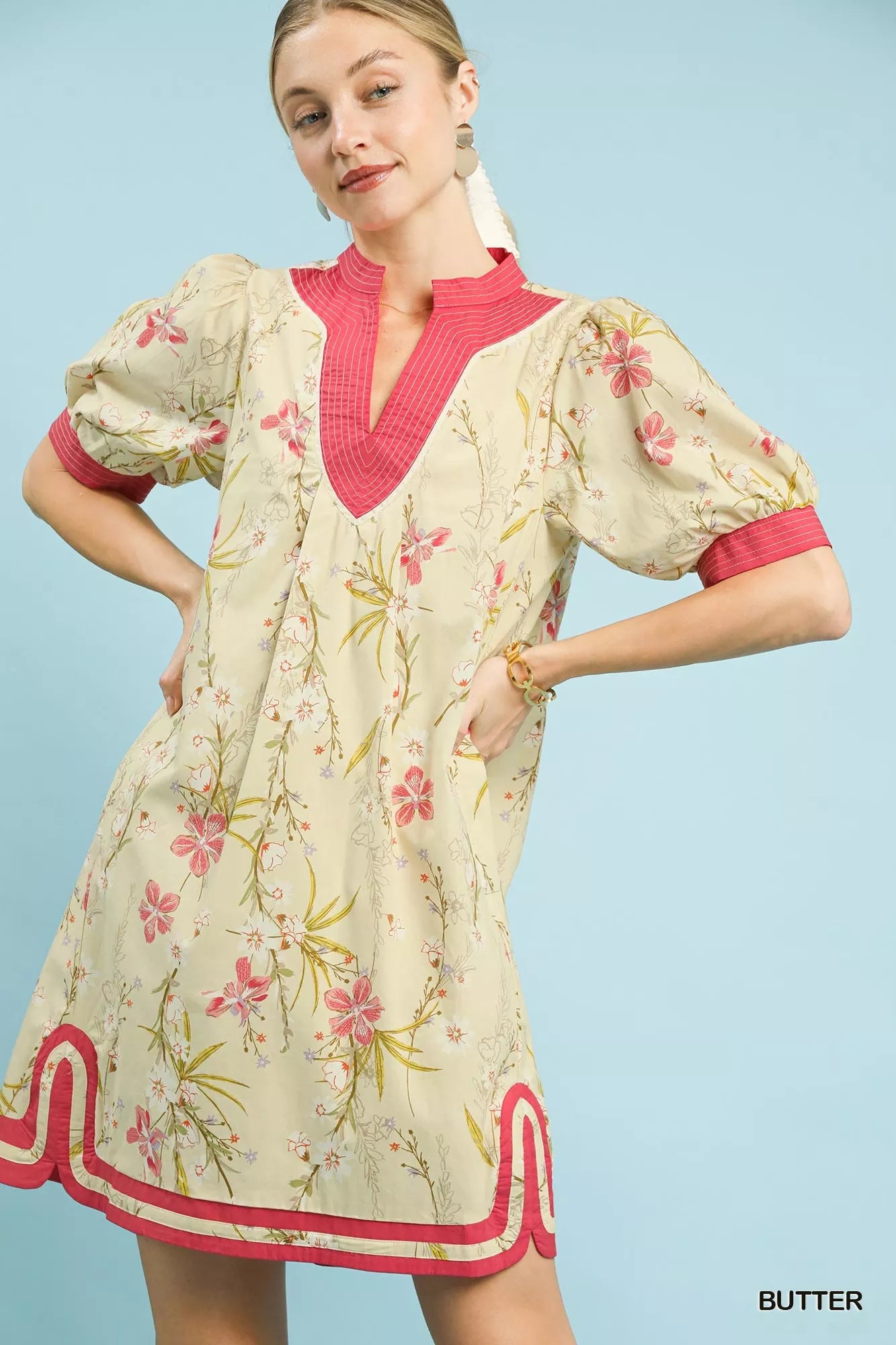 Umgee Butter Floral Puff Sleeve Dress with Contrast Trim
