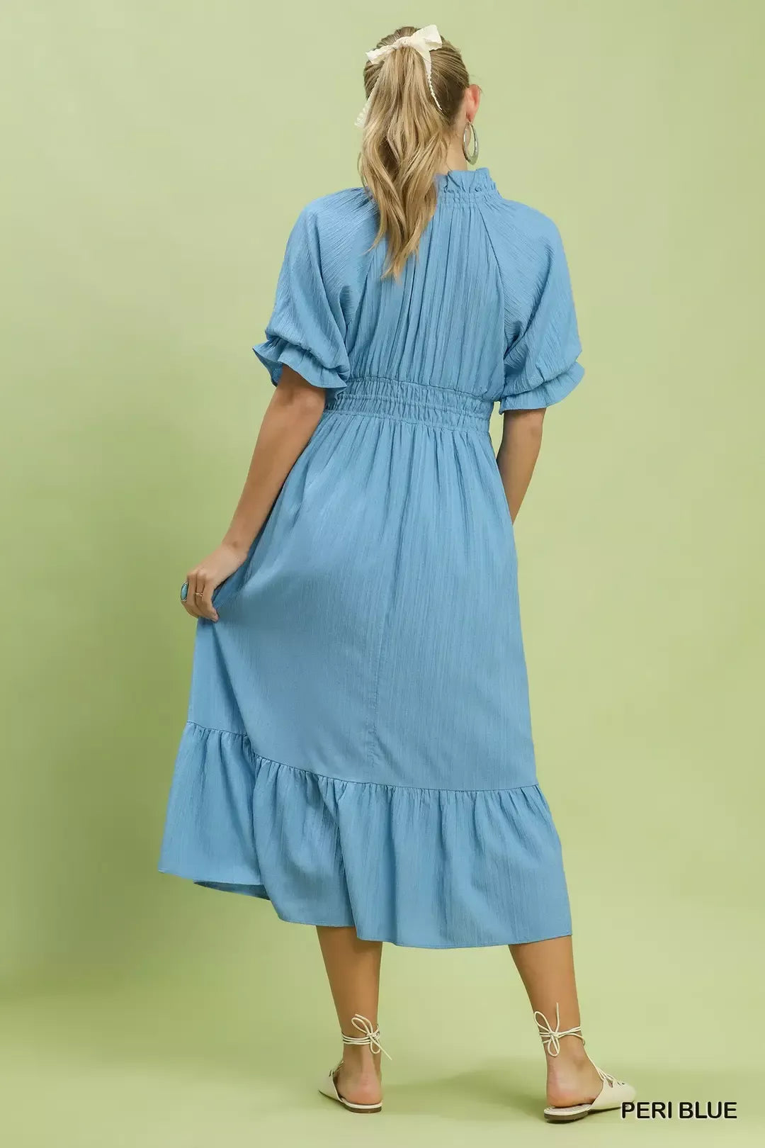 Umgee Peri Blue Ruffle V-Neck Midi Dress