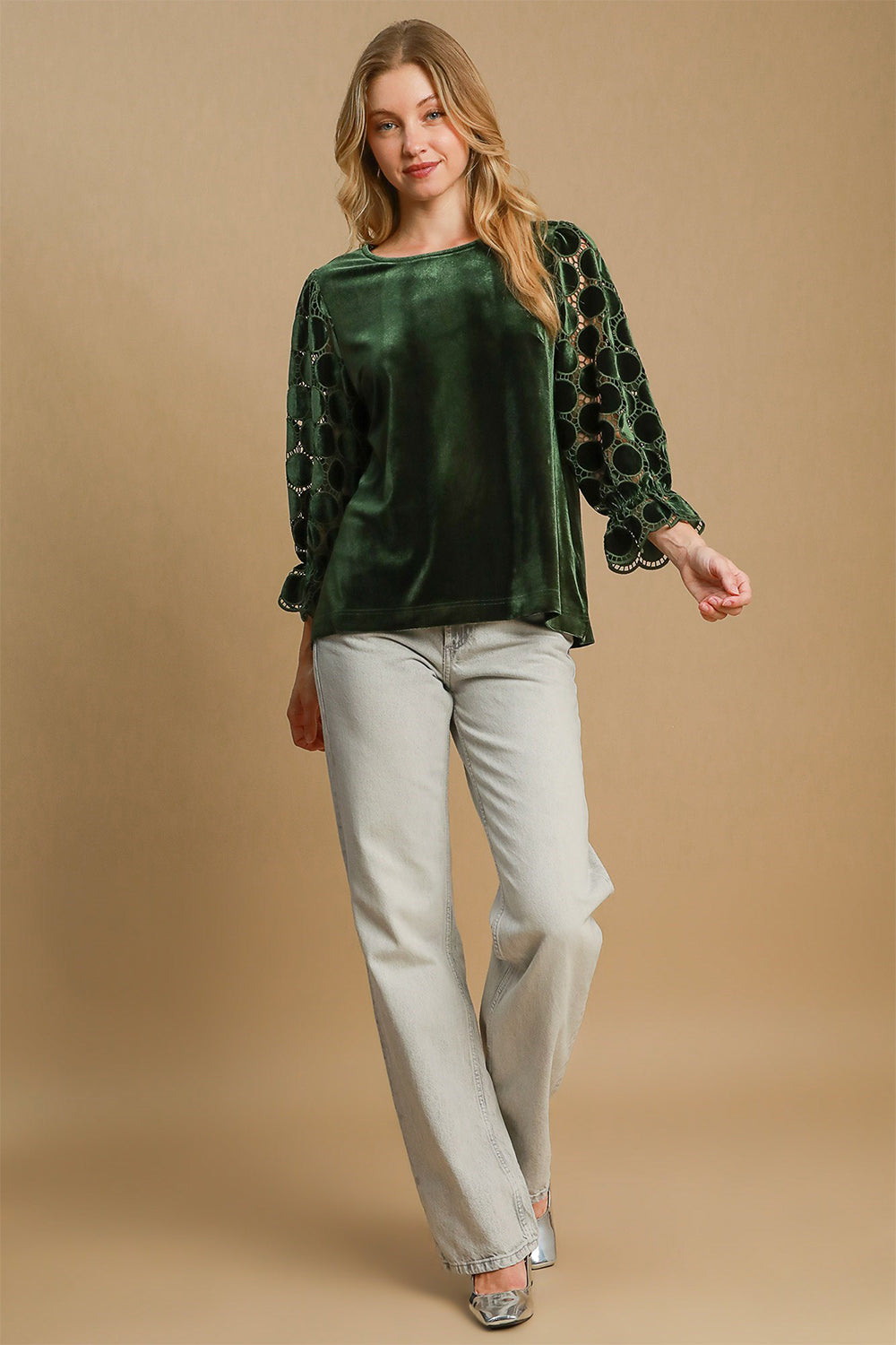 Umgee Olive Velvet Polka Dot Lace Long Sleeve Round Neck Blouse Shirts & Tops
