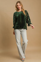 Umgee Olive Velvet Polka Dot Lace Long Sleeve Round Neck Blouse Shirts & Tops