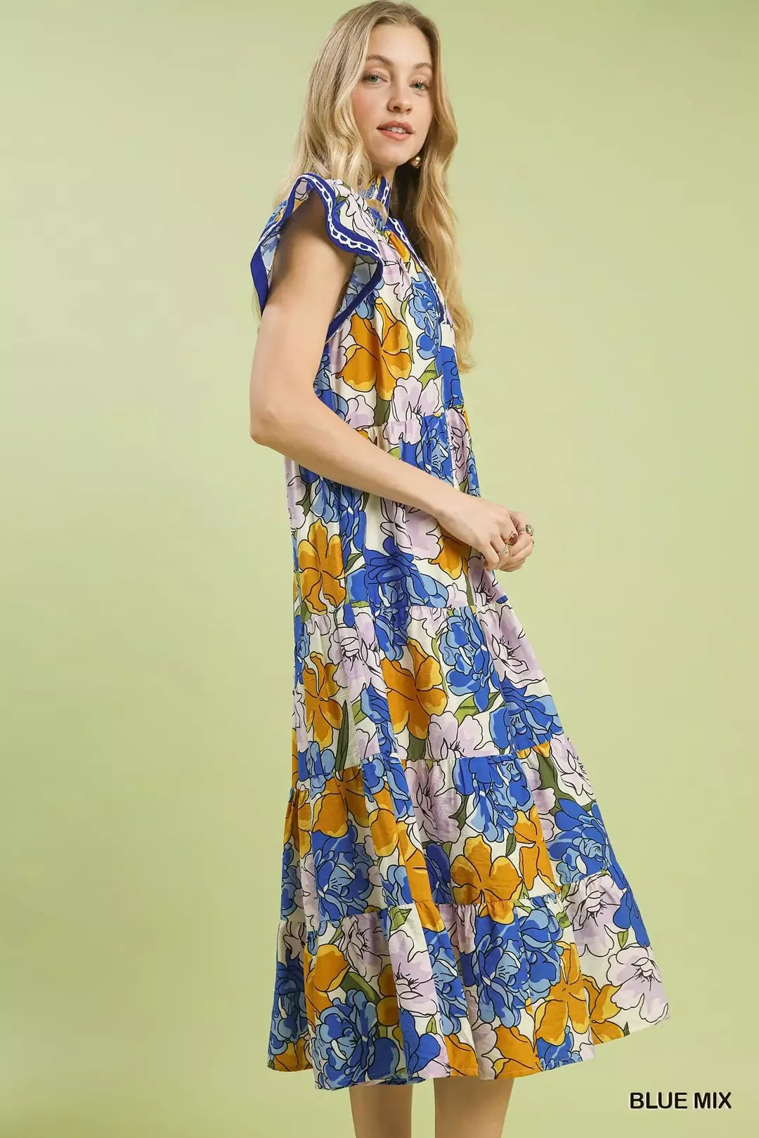 Umgee Blue Mix Bold Floral Tiered Midi Dress