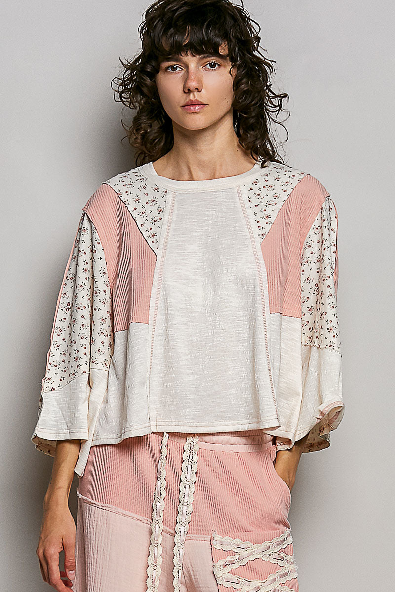 POL Natural Exposed Seam Floral Patchwork Round Neck Textured Slub Knit Top NATURAL