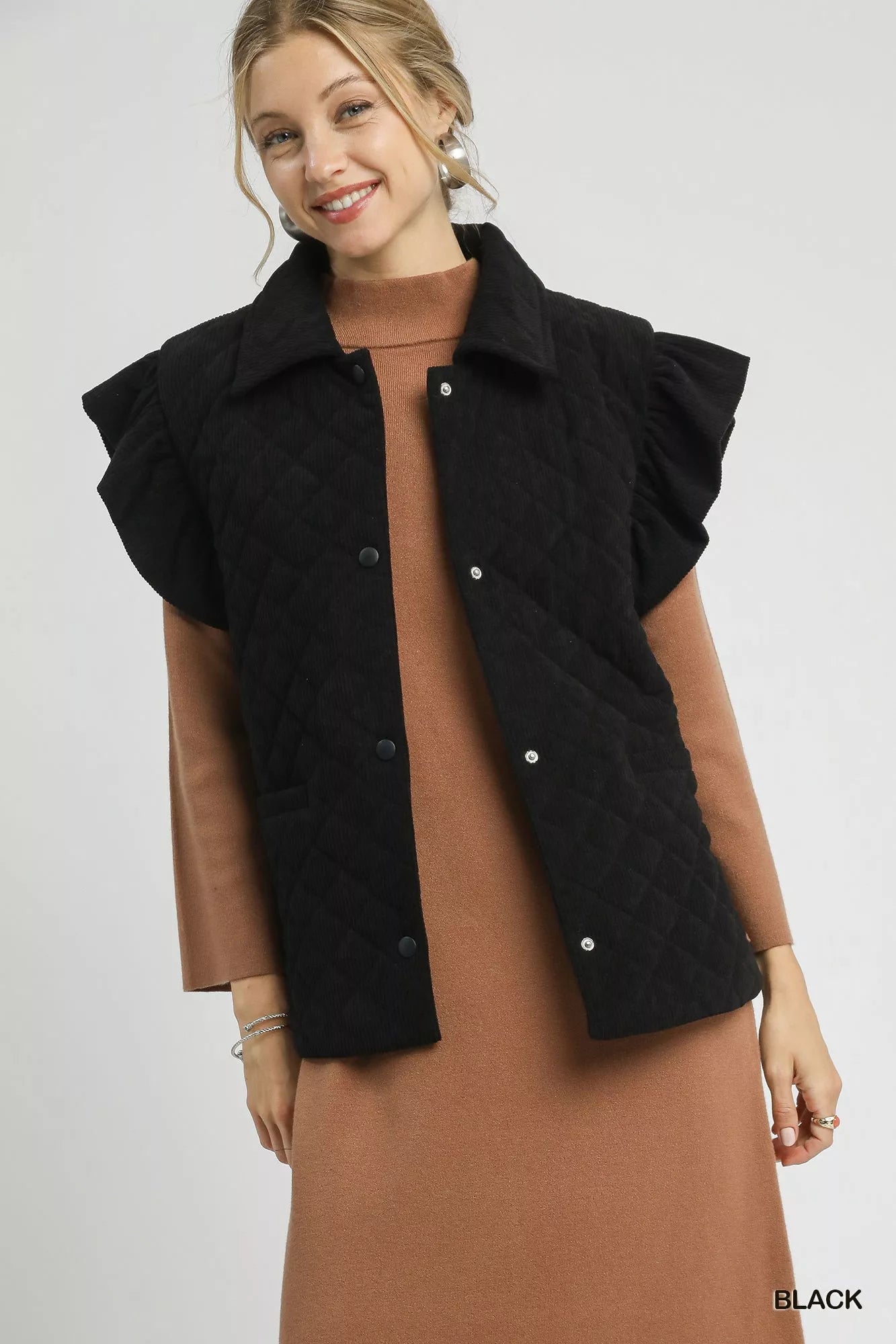 Umgee Black Corduroy Quilted Ruffle Sleeve Vest Black