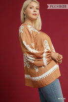 Umgee Mocha Two Tone Boho Border Print Top with Balloon Sleeves